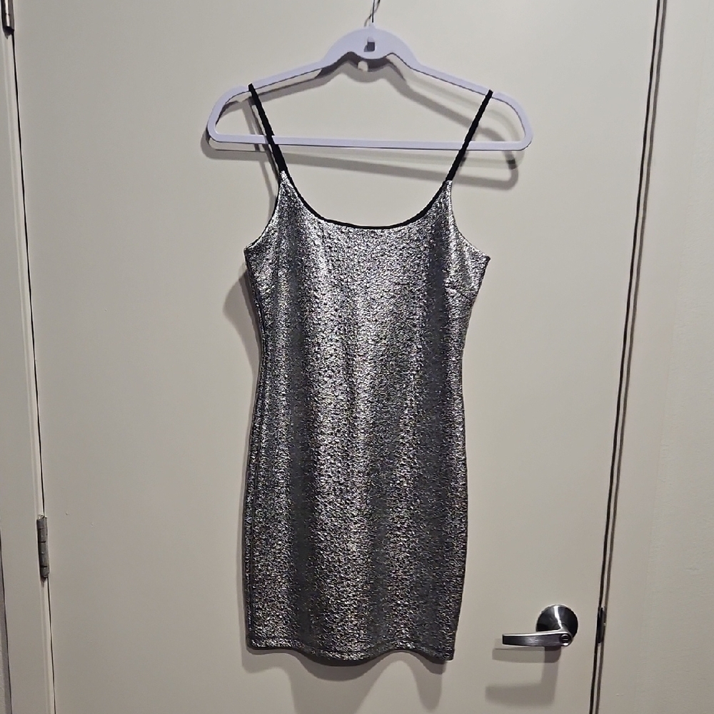 Metallic Silver Mini Slip Dress with Spaghetti Straps